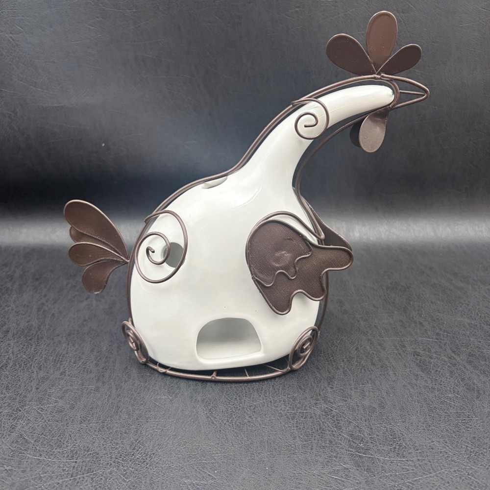 White Ceramic Chicken Tea Light Holder Brown Wire Frame Farmhouse Decor 11in